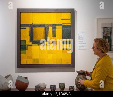 Connect Art Fair, The Mall Galleries, London, UK. 24 March 2022. Connect Art Fair runs from 23-27 March 2022. Image: Alan Reynolds (1926-2014), Forms Polyphonic-Yellow and Black, 1961, £39,500. Credit: Malcolm Park/Alamy Live News. Stock Photo
