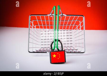 Chinese icon with china sanctions closed ban. Business finance background. Quarantine, pandemic. Virus protection. Stock Photo