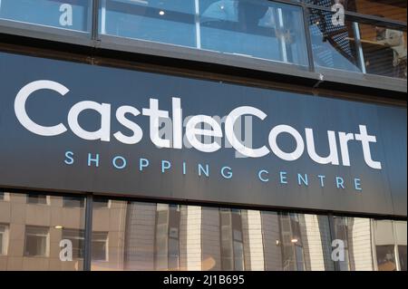 Belfast, UK- Feb 21, 2022:The sign for Castle Court Shopping Centre in Belfast Northern Ireland. Stock Photo