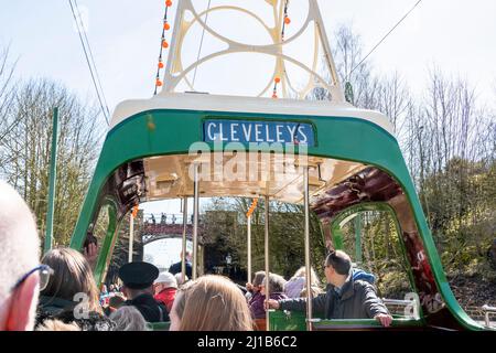 Derbyshire, UK – 5 April 2018: View out from inside Cleveleys open topped vintage tourist tram at the Crich Tramway Village National Tram Museum Stock Photo