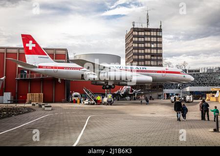 CONVAIR CV-990 CORONADO AIRPLANE FROM THE FORMER SWISSAIR COMPANY AT THE SWISS MUSEUM OF TRANSPORT, VERKEHRSHAUS DES SCHWEIZ, LUCERNE, CANTON OF LUCERNE, SWITZERLAND Stock Photo