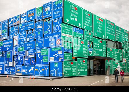 ROAD SIGNS COVERING THE FACADE OF THE PAVILION DEDICATED TO THE AUTOMOBILE AT THE SWISS MUSEUM OF TRANSPORT, ROAD SIGNALS, MOTORWAY, NATIONAL HIGHWAYS, VERKEHRSHAUS DES SCHWEIZ, LUCERNE, CANTON OF LUCERNE, SWITZERLAND Stock Photo