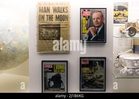 COLLECTION OF FRONT PAGES FROM NEWSPAPERS ON THE OCCASION OF MANKIND'S FIRST STEP ON THE MOON, SWISS MUSEUM OF TRANSPORT,  VERKEHRSHAUS DES SCHWEIZ, LUCERNE, CANTON OF LUCERNE, SWITZERLAND Stock Photo