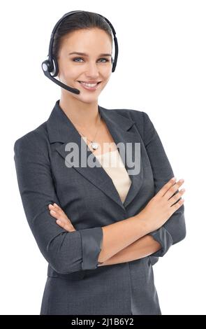 Here to answer any customer question. Studio shot of an attractive customer service representative isolated on white. Stock Photo