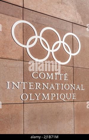 HEADQUARTERS OF THE INTERNATIONAL OLYMPIC COMMITTEE IN LAUSANNE, OLYMPIC RINGS, LOGO OF THE IOC, SPORT, OLYMPICSM, LAUSANNE, CANTON OF VAUD, SWITZERLAND Stock Photo