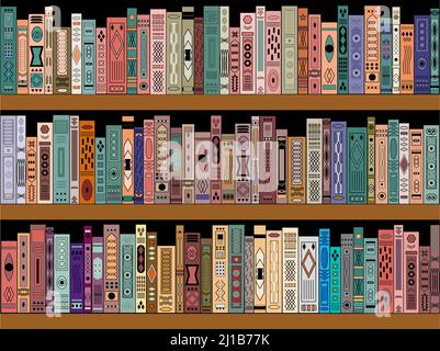 Wooden horizontal bookcase full of different colourful books. Seamless pattern. pattern for Education library and bookstore concept. Vector illustrat Stock Vector