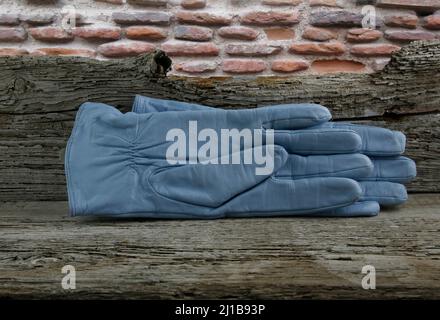 Blue leather gloves on an old wooden shelf Stock Photo