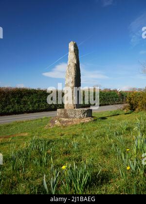 The Tristan Stone, Fowey, Cornwall, the base of an ancient Celtic Cross associated with the legend of Tristan and Isolde. Stock Photo