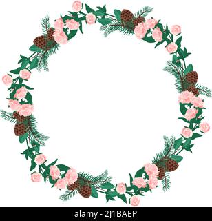 Round wreath of pink peony flowers with spruce needles and cones. Spring flowering composition or frame with leaves. Festive decoration for wedding, holiday and postcard. Vector illustration Stock Vector