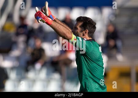 Parma, Italy. 26th Feb, 2022.  Gianluigi Buffon of Parma Calcio reacts during the Serie B match between Parma Calcio and Spal at Ennio Tardini Stadium Stock Photo