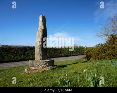 The Tristan Stone, Fowey, Cornwall, the base of an ancient Celtic Cross associated with the legend of Tristan and Isolde. Stock Photo