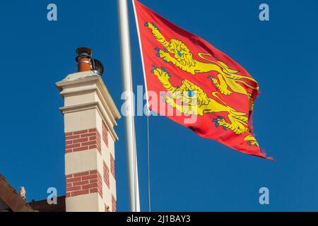 NORMAN FLAG WITH THE TWO YELLOW LEOPARDS AGAINST A RED BACKGROUND, CABOURG, CALVADOS, NORMANDY, FRANCE Stock Photo