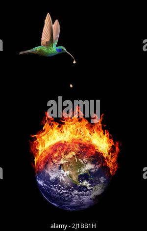 LEGENDARY, CONCEPTUAL PHOTO INSPIRED BY THE AMERINDIAN LEGEND OF THE HUMMINGBIRD, PHOTO EXHIBITION ‘TERRE FRAGILE’ TO RAISE AWARENESS ABOUT HUMANKIND'S IMPACT ON THE PLANET, FRANCE, WORLD Stock Photo