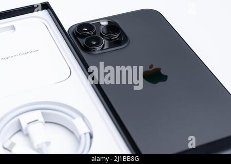 Minsk, Belarus - March 2022: Apple iPhone 13 Pro Max. The phone is new to the iPhone line. On a white background. Stock Photo