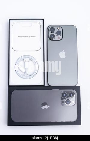 Minsk, Belarus - March 2022: Apple iPhone 13 Pro Max. The phone is new to the iPhone line. On a white background. Stock Photo