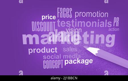 Marketing word cloud with yellow pencil. Business on important word Stock Photo