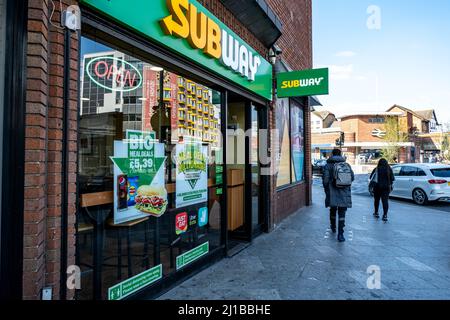 Kingston-Upon-Thames, Kingston London UK, March 23 2022, Subway High Street Fast Food Retailer With People Walking Past Stock Photo