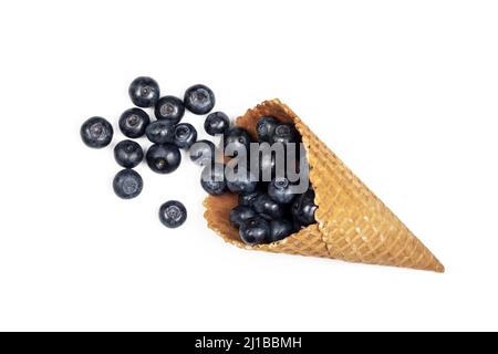 Fresh ripe blueberry in waffle cone. Ice cream cone with ripe sweet berries on white background with copy space. Summer creative concept, flat lay, To Stock Photo