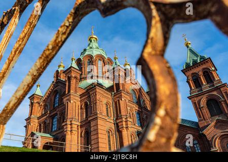 THE BELL TOWERS OF THE USPENSKI CATHEDRAL, THE CENTER OF THE FINNISH EASTERN ORTHODOX CHURCH, HELSINKI, FINLAND, EUROPE Stock Photo