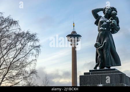 MEMORIAL STATUE OF THE SINKING OF THE STEAMBOAT KURU WITH THE OBSERVATION TOWER OF THE RESTAURANT NASINNEULA, NASI PARK, TAMPERE, FINLAND, EUROPE Stock Photo