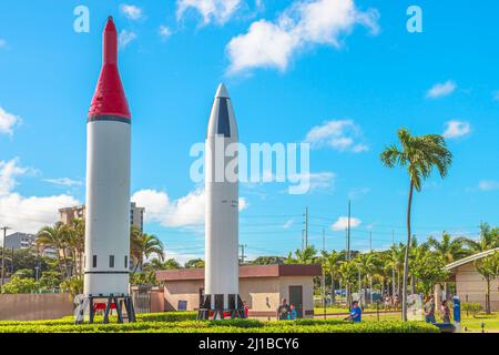 Honolulu, Oahu, Hawaii, United States - August 2016: UGM-27 Polaris missiles A1 and A3 of the 1960s-1980s cold war. Located in the Pearl Harbor Stock Photo