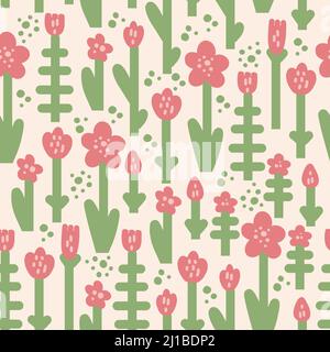 hand drawn floral botanical seamless pattern in cute naive style with delicate colors. Stock Vector