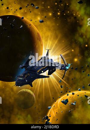 spaceship exploring an alien planetary system in space, 3d illustration Stock Photo