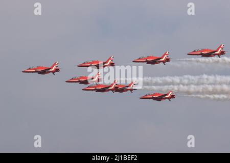 Leeming Bar, UK. 24th Mar, 2022. The Red Arrows file over RAF Leeming as part of the 100 Squadron disbandment at RAF Leeming in Leeming Bar, United Kingdom on 3/24/2022. (Photo by Mark Cosgrove/News Images/Sipa USA) Credit: Sipa USA/Alamy Live News Stock Photo