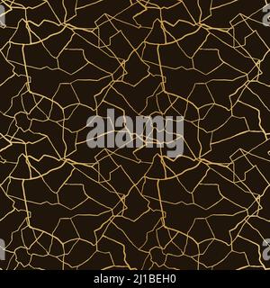 kintsugi art seamless pattern with gold thin lines and abstract shards on dark luxury background. Stock Vector