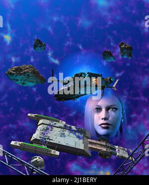 futuristic woman in space with spaceship and wrecks, scifi illustration, 3d rendering Stock Photo
