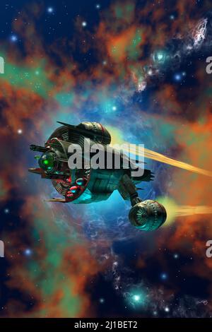 spaceship traveling in space, nebula and stars in the background, 3d illustratio Stock Photo