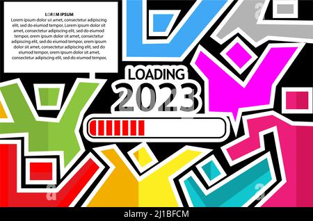 Concept banner 2023, happy new year. a forklift is loading number 3 Concept banner 2023, happy new year. A forklift is loading number 3