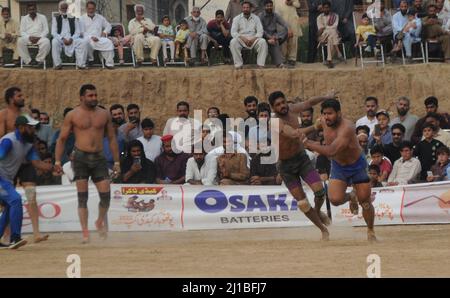 March 23, 2022, Rawalpndi, Punjab, Pakistan: Kabaddi is a popular and beloved sport in Pakistan and India. The game is played in every village in both the countries. Kabaddi is a combination of wrestling, karate, athletics and running. Kabaddi is mostly played in Punjab. The first Kabaddi World Cup was held in 2010 which was won by India. The second World Cup was held in 2011, the third in 2012, the fourth in 2013 and the fifth in 2014 which is still being won by India. The recent Kabaddi World Cup was held in February 2020 in Pakistan. Which Pakistan won and Pakistan defeated defending champi Stock Photo
