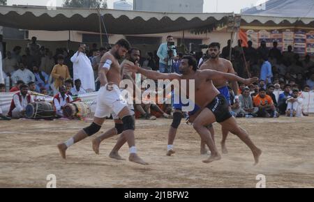 March 23, 2022, Rawalpndi, Punjab, Pakistan: Kabaddi is a popular and beloved sport in Pakistan and India. The game is played in every village in both the countries. Kabaddi is a combination of wrestling, karate, athletics and running. Kabaddi is mostly played in Punjab. The first Kabaddi World Cup was held in 2010 which was won by India. The second World Cup was held in 2011, the third in 2012, the fourth in 2013 and the fifth in 2014 which is still being won by India. The recent Kabaddi World Cup was held in February 2020 in Pakistan. Which Pakistan won and Pakistan defeated defending champi Stock Photo