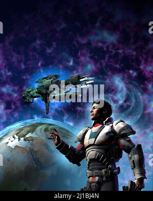 futuristic soldier and Alien spaceship orbiting around earth, 3d illustration Stock Photo