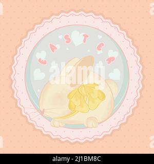 Pastry colored label with a cute rabbit and a ribbon Easter Vector Stock Vector