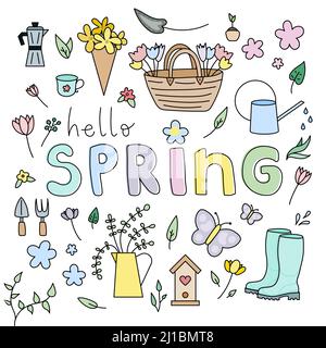 Hello spring. Spring time collection with flowers, plants and gardening tools. Hand drawn. For scrapbooking, greeting card, invitation, poster. Vector Stock Vector