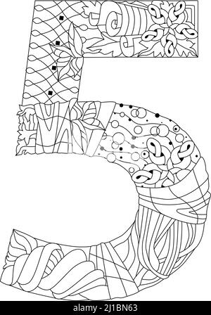 Five number Isolated zentangle illustration for coloring Stock Vector