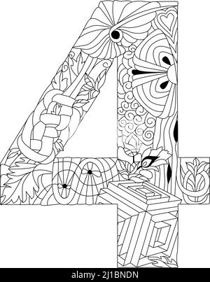 Four number Isolated zentangle illustration for coloring Stock Vector