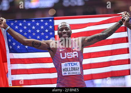 Grant Holloway  with the  flag at the Belgrade 2022 Indoor World Championships. Stock Photo