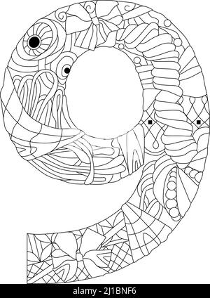 Nine number Isolated zentangle illustration for coloring Stock Vector