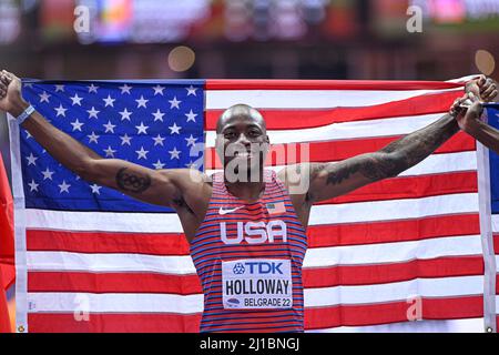 Grant Holloway  with the  flag at the Belgrade 2022 Indoor World Championships. Stock Photo