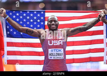 Grant Holloway  with the  flag at the Belgrade 2022 Indoor World Championships. Stock Photo