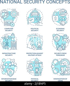 National and international security turquoise concept icons set Stock Vector