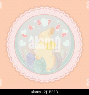 Cute rabbit with easter eggs on a pastry colored label Easter Vector Stock Vector