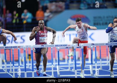 Grant Holloway participating in the 2022 Belgrade Indoor World Championships. Stock Photo