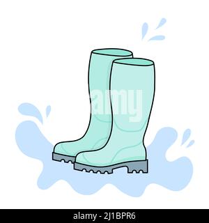 Turquoise water boots jumping in a rain puddle. Isolated background. Vector illustration, flat design Stock Vector