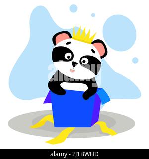 cute funny panda with a crown in a gift box Stock Vector