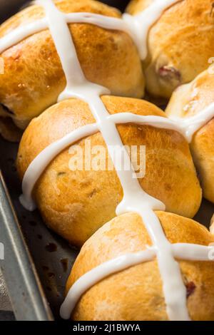 Homemade Easter Hot Cross Buns for Easter Stock Photo