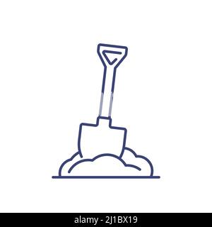 Shovel in the soil line icon Stock Vector